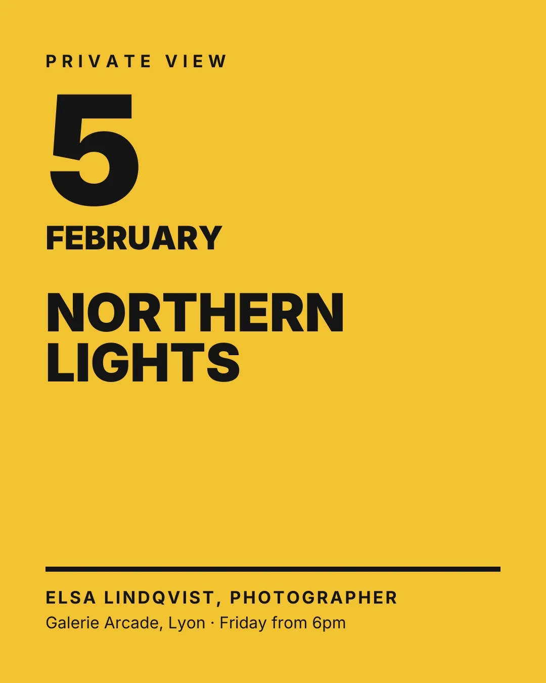 Poster for a photography private view: large date, exhibition title, artist's name, gallery