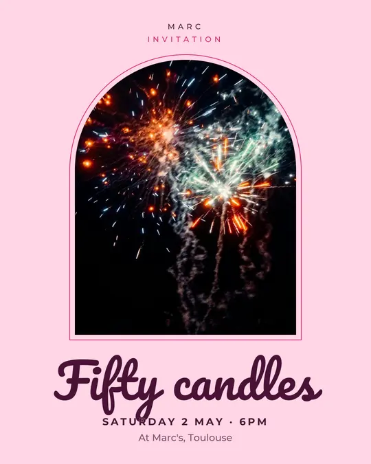 Sample flyer, "Arch · Candy pink" template, Birthday: "Fifty candles"