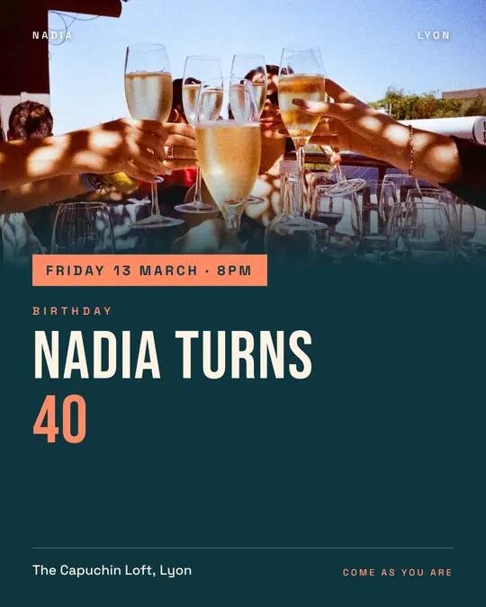 Sample flyer, "Banner · Teal and coral" template, Birthday: "Nadia turns 40"
