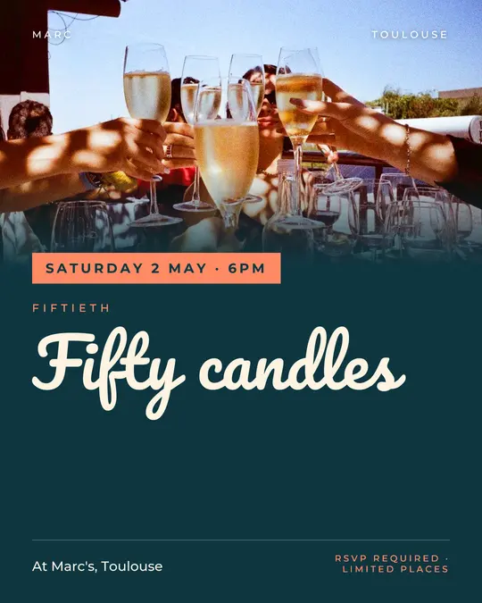 Sample flyer, "Banner · Teal and coral" template, Birthday: "Fifty candles"