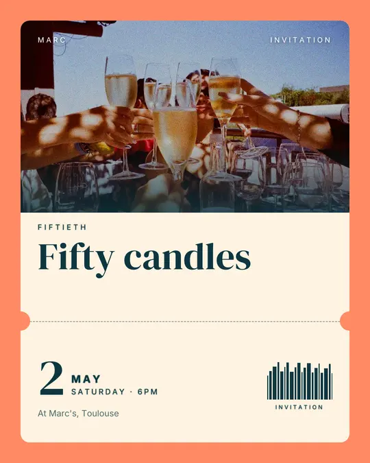 Sample flyer, "Ticket · Teal and coral" template, Birthday: "Fifty candles"