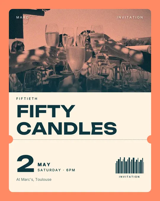 Sample flyer, "Ticket · Teal and coral" template, Birthday: "Fifty candles"