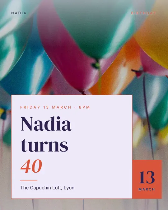 Sample flyer, "Laid card · Lavender and peach" template, Birthday: "Nadia turns 40"