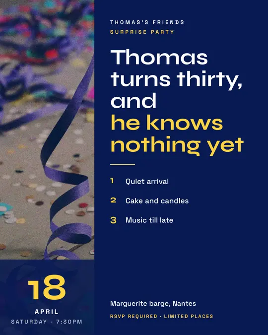 Sample flyer, "Column · Electric blue" template, Birthday: "Thomas turns thirty, and he knows nothing yet"