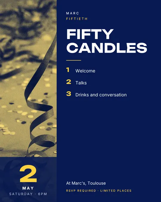 Sample flyer, "Column · Electric blue" template, Birthday: "Fifty candles"