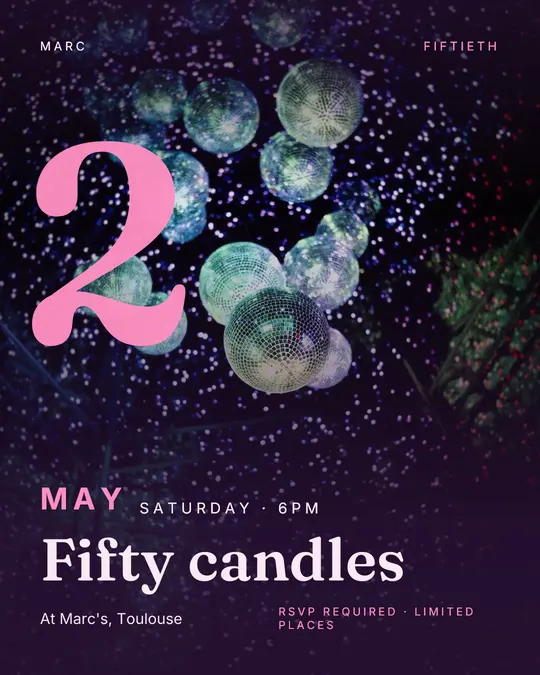 Sample flyer, "Giant date · Plum and pink" template, Birthday: "Fifty candles"
