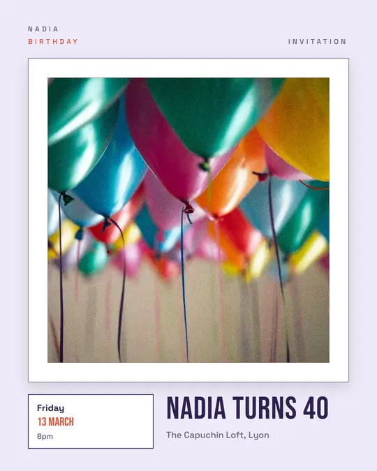 Sample flyer, "Gallery · Lavender and peach" template, Birthday: "Nadia turns 40"