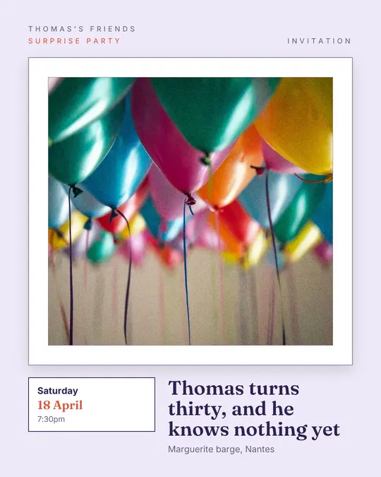 Sample flyer, "Gallery · Lavender and peach" template, Birthday: "Thomas turns thirty, and he knows nothing yet"