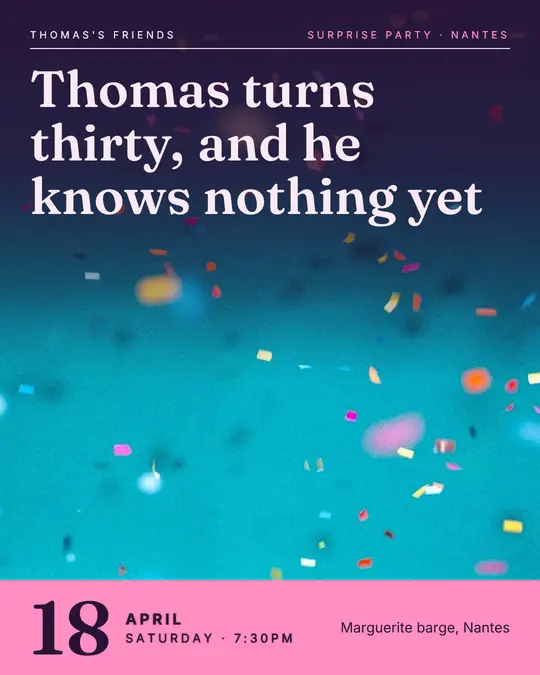 Sample flyer, "Cover · Plum and pink" template, Birthday: "Thomas turns thirty, and he knows nothing yet"