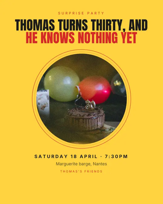 Sample flyer, "Medallion · Sunshine" template, Birthday: "Thomas turns thirty, and he knows nothing yet"