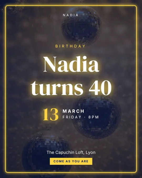 Sample flyer, "Neon · Electric blue" template, Birthday: "Nadia turns 40"