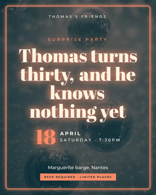 Sample flyer, "Neon · Teal and coral" template, Birthday: "Thomas turns thirty, and he knows nothing yet"