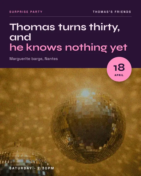 Sample flyer, "Photo foot · Plum and pink" template, Birthday: "Thomas turns thirty, and he knows nothing yet"