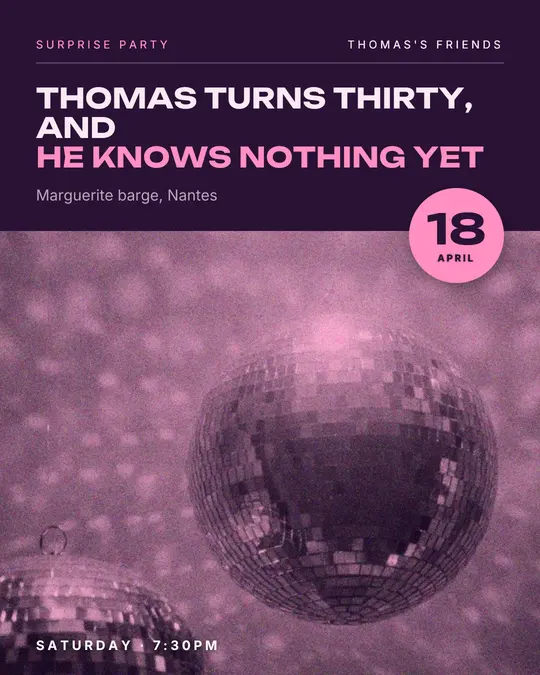 Sample flyer, "Photo foot · Plum and pink" template, Birthday: "Thomas turns thirty, and he knows nothing yet"