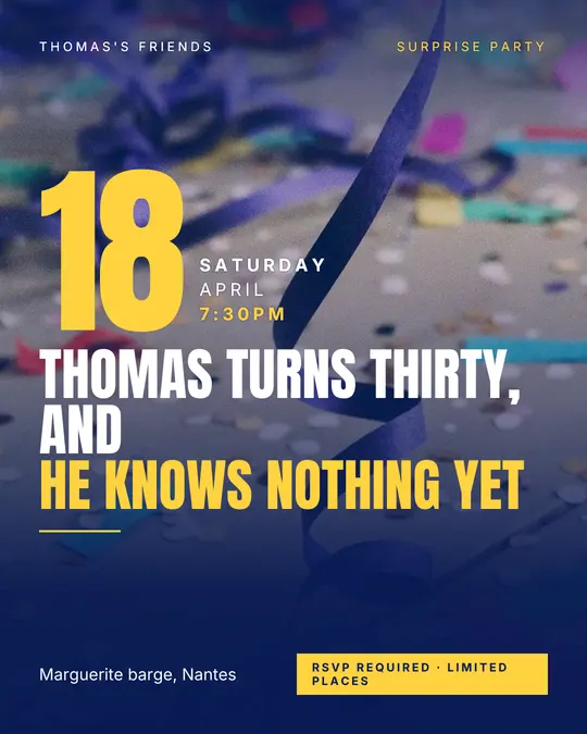 Sample flyer, "Grand poster · Electric blue" template, Birthday: "Thomas turns thirty, and he knows nothing yet"