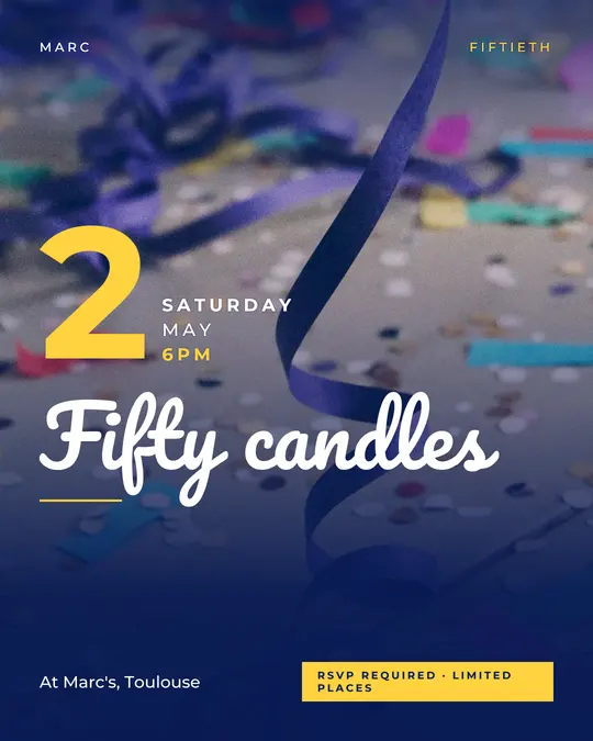 Sample flyer, "Grand poster · Electric blue" template, Birthday: "Fifty candles"
