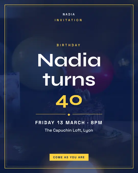Sample flyer, "Framed card · Electric blue" template, Birthday: "Nadia turns 40"