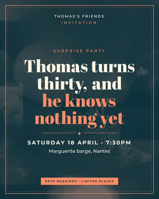 Sample flyer, "Framed card · Teal and coral" template, Birthday: "Thomas turns thirty, and he knows nothing yet"