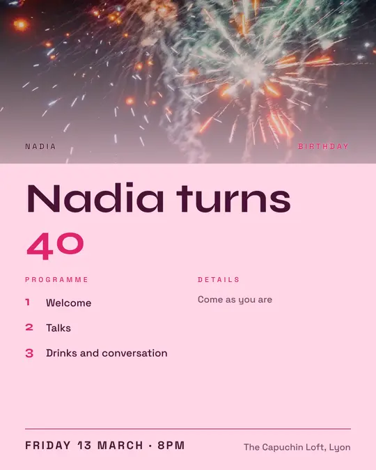 Sample flyer, "Programme · Candy pink" template, Birthday: "Nadia turns 40"
