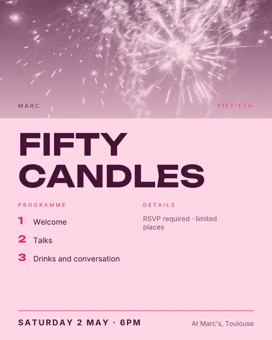 Sample flyer, "Programme · Candy pink" template, Birthday: "Fifty candles"