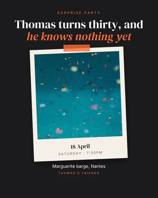Sample flyer, "Print · Orange on charcoal" template, Birthday: "Thomas turns thirty, and he knows nothing yet"