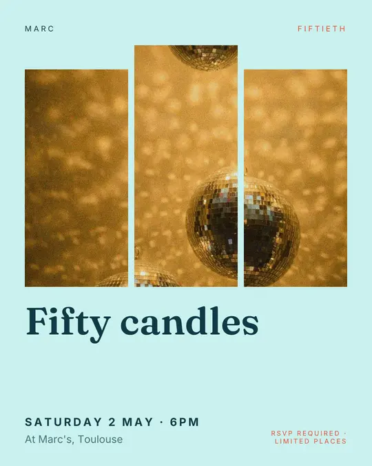 Sample flyer, "Triptych · Turquoise and coral" template, Birthday: "Fifty candles"
