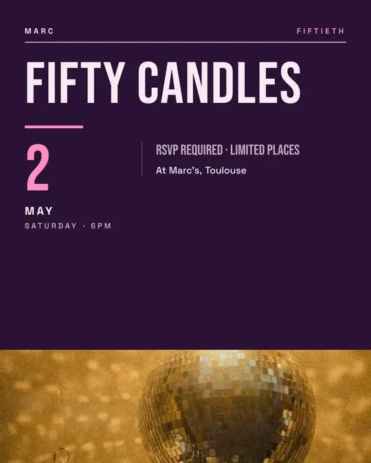 Sample flyer, "Typographic · Plum and pink" template, Birthday: "Fifty candles"
