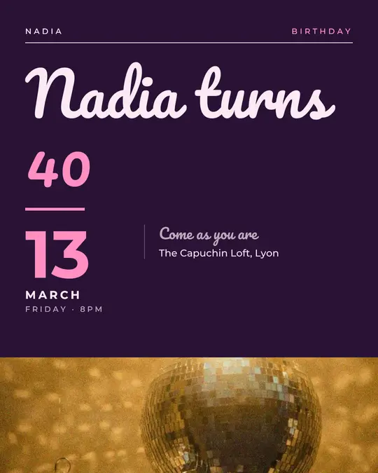 Sample flyer, "Typographic · Plum and pink" template, Birthday: "Nadia turns 40"