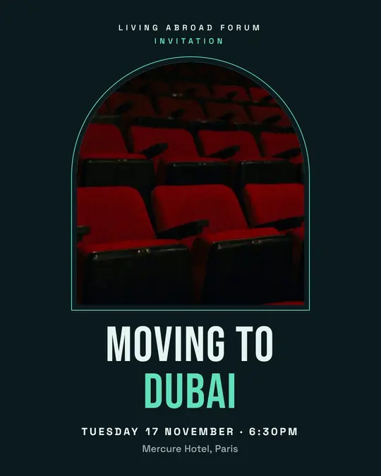 Sample flyer, "Arch · Ink and mint" template, Conference: "Moving to Dubai"