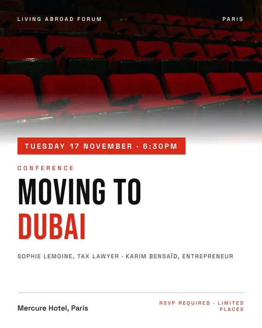 Sample flyer, "Banner · White and red" template, Conference: "Moving to Dubai"