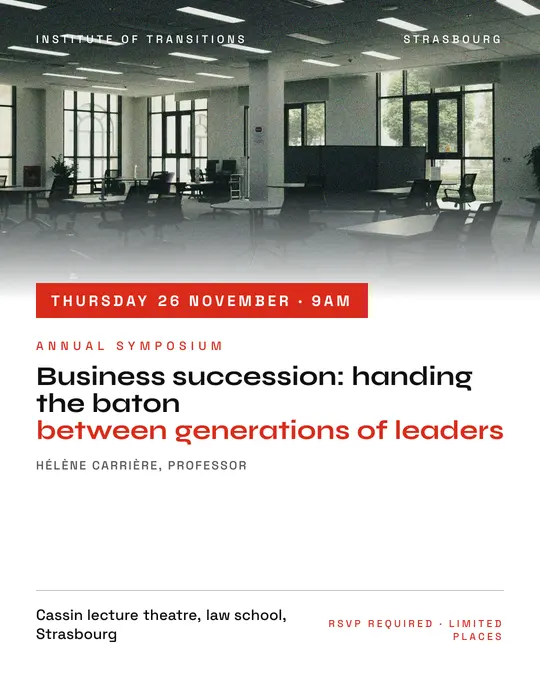 Sample flyer, "Banner · White and red" template, Conference: "Business succession: handing the baton between generations of leaders"