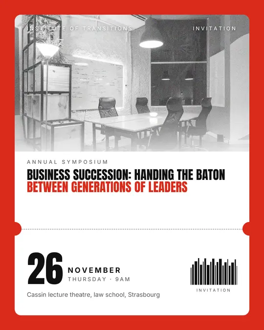 Sample flyer, "Ticket · White and red" template, Conference: "Business succession: handing the baton between generations of leaders"