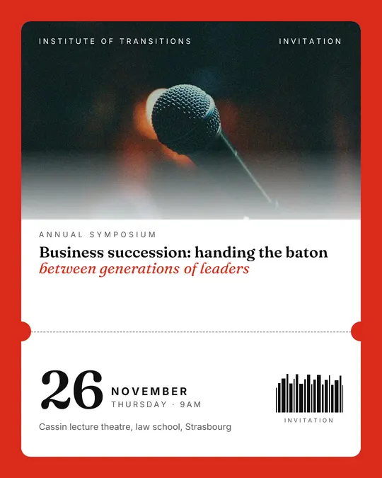 Sample flyer, "Ticket · White and red" template, Conference: "Business succession: handing the baton between generations of leaders"