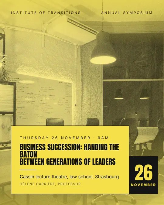 Sample flyer, "Laid card · Lemon and black" template, Conference: "Business succession: handing the baton between generations of leaders"