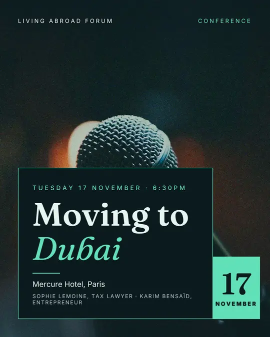 Sample flyer, "Laid card · Ink and mint" template, Conference: "Moving to Dubai"