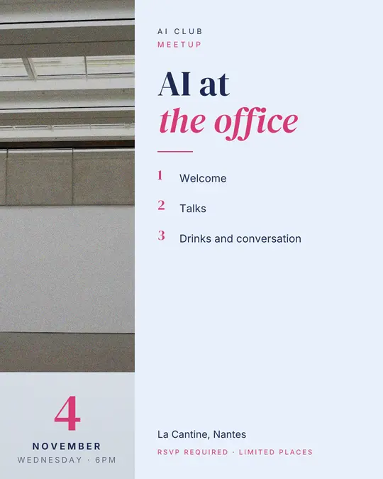 Sample flyer, "Column · Sky and rose" template, Conference: "AI at the office"