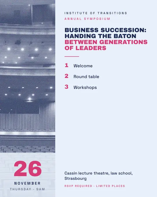 Sample flyer, "Column · Sky and rose" template, Conference: "Business succession: handing the baton between generations of leaders"