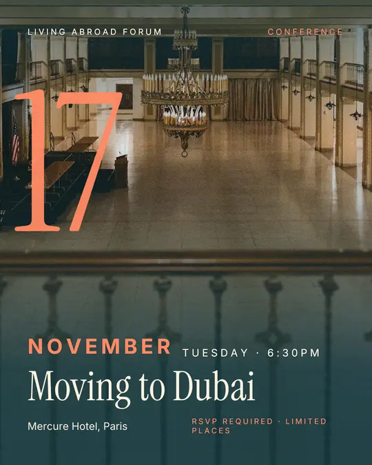Sample flyer, "Giant date · Teal and coral" template, Conference: "Moving to Dubai"