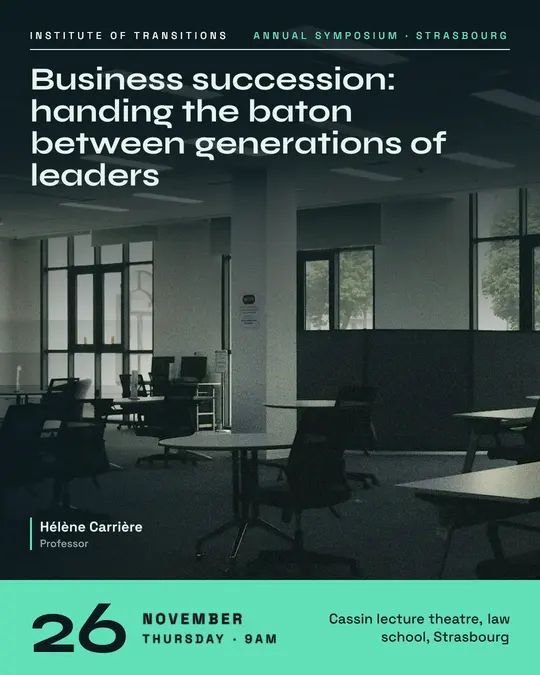 Sample flyer, "Cover · Ink and mint" template, Conference: "Business succession: handing the baton between generations of leaders"