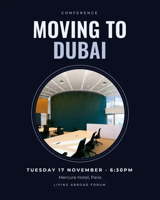 Sample flyer, "Medallion · Silver midnight" template, Conference: "Moving to Dubai"
