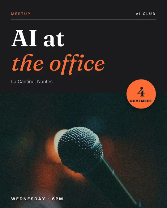 Sample flyer, "Photo foot · Orange on charcoal" template, Conference: "AI at the office"