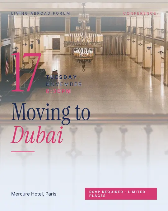 Sample flyer, "Grand poster · Sky and rose" template, Conference: "Moving to Dubai"