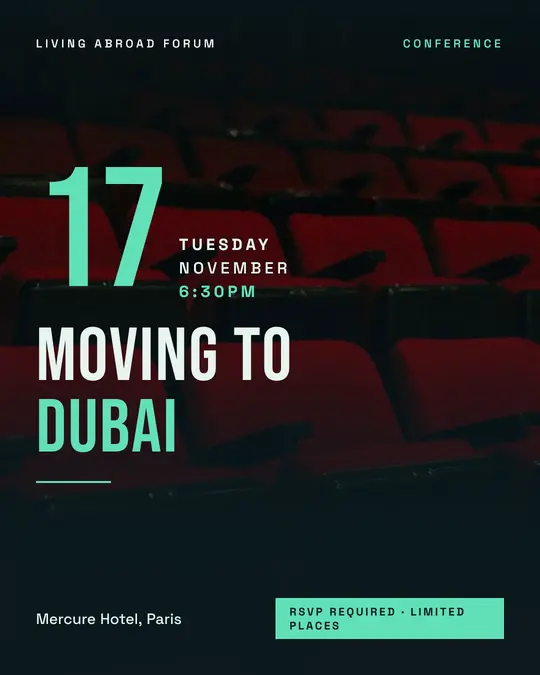 Sample flyer, "Grand poster · Ink and mint" template, Conference: "Moving to Dubai"