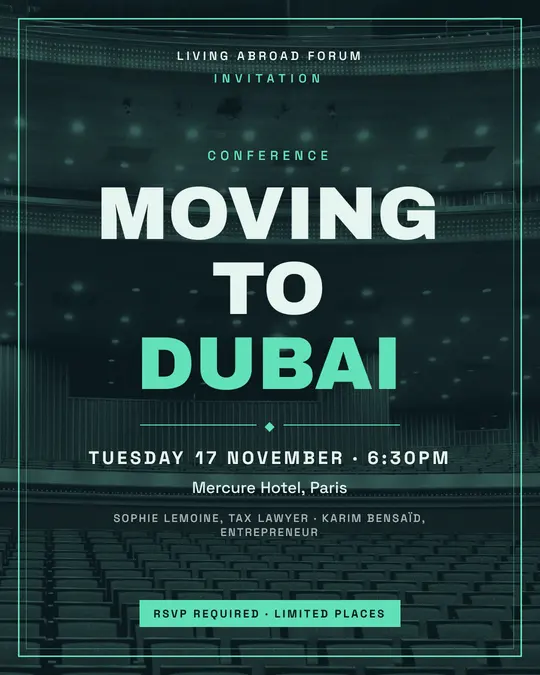Sample flyer, "Framed card · Ink and mint" template, Conference: "Moving to Dubai"