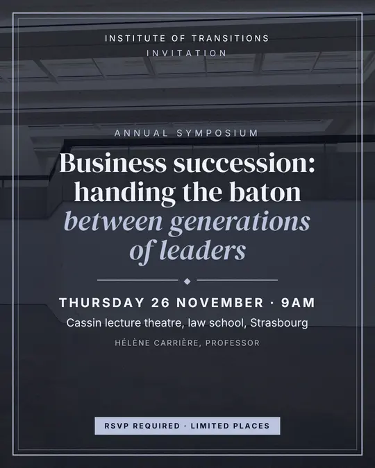 Sample flyer, "Framed card · Silver midnight" template, Conference: "Business succession: handing the baton between generations of leaders"