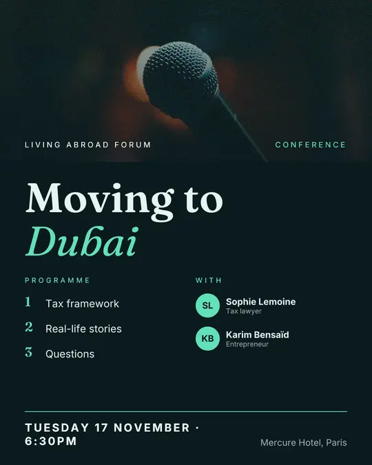 Sample flyer, "Programme · Ink and mint" template, Conference: "Moving to Dubai"