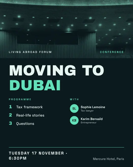 Sample flyer, "Programme · Ink and mint" template, Conference: "Moving to Dubai"