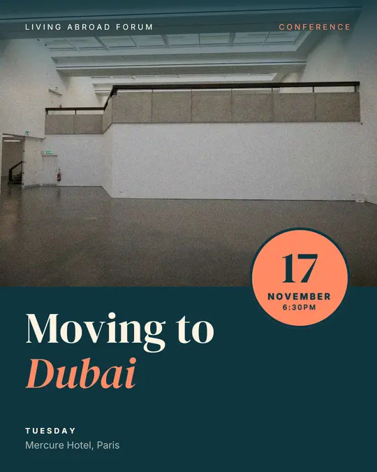 Sample flyer, "Seal · Teal and coral" template, Conference: "Moving to Dubai"