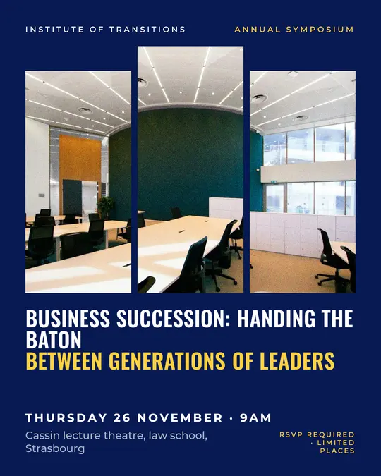 Sample flyer, "Triptych · Electric blue" template, Conference: "Business succession: handing the baton between generations of leaders"