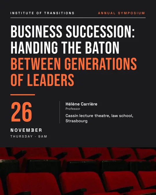 Sample flyer, "Typographic · Orange on charcoal" template, Conference: "Business succession: handing the baton between generations of leaders"